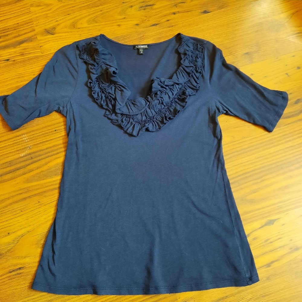 Express Dark Blue Ruffled Neck Top
